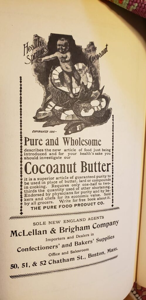 And advertisement from 1989 for "Cocoanut Butter" featuring a naked angel baby rising from a broken coconut.