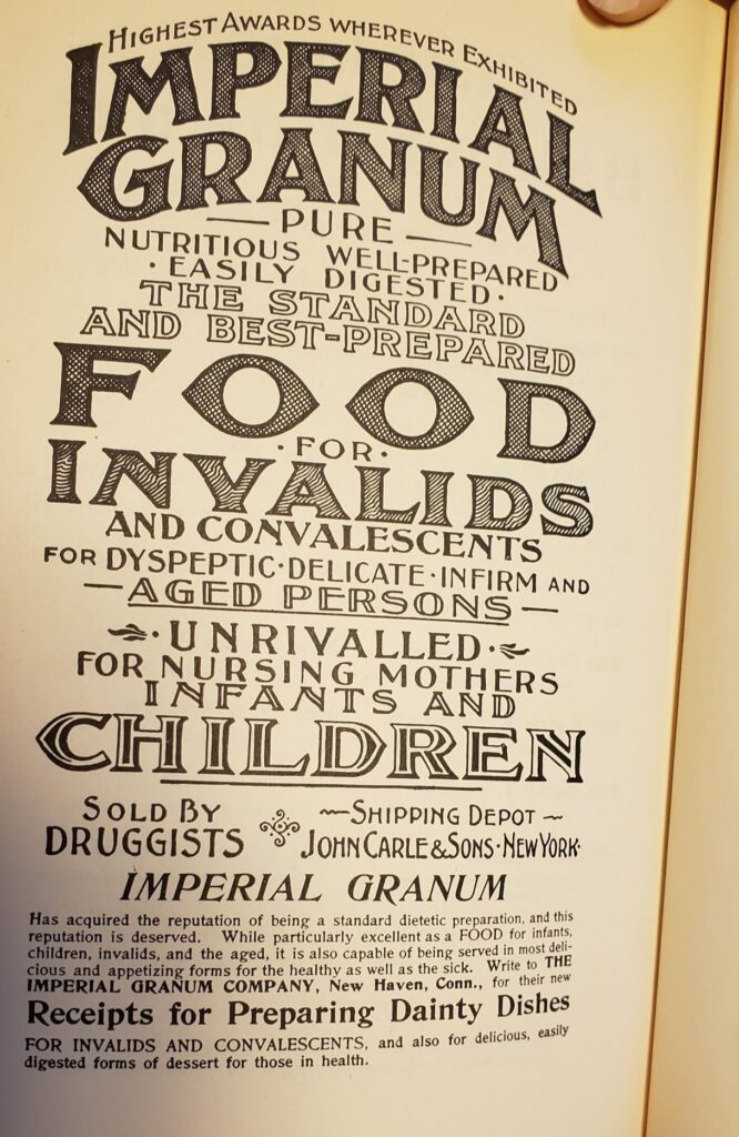 An ad from 1898 for "Imperial Granum" cereal with eye-watering font choices