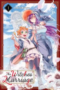 A tall girl with long dark hair, wearing a witch's hat hold hand with a younger girl with red hair who points to the distance. A magical door floats behind them mid-air.