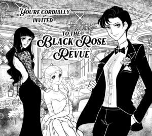 In classic 1970' shoujo manga black and white art style, we see a woman with short hair in a men's tuxedo, a woman with long black hair in a stylish "villainess"-esque dress and a woman with pale hair in a white dress between them on the sofa. The words "You Are Cordially Invited To The Black Rose Revue" are prominent in the middle of the image.