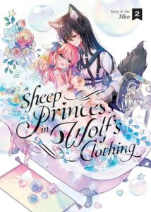 A wolf girl in a dress decorated with black trim, and a sheep girl in a flowery frock embrace in an ethereal bedroom setting.