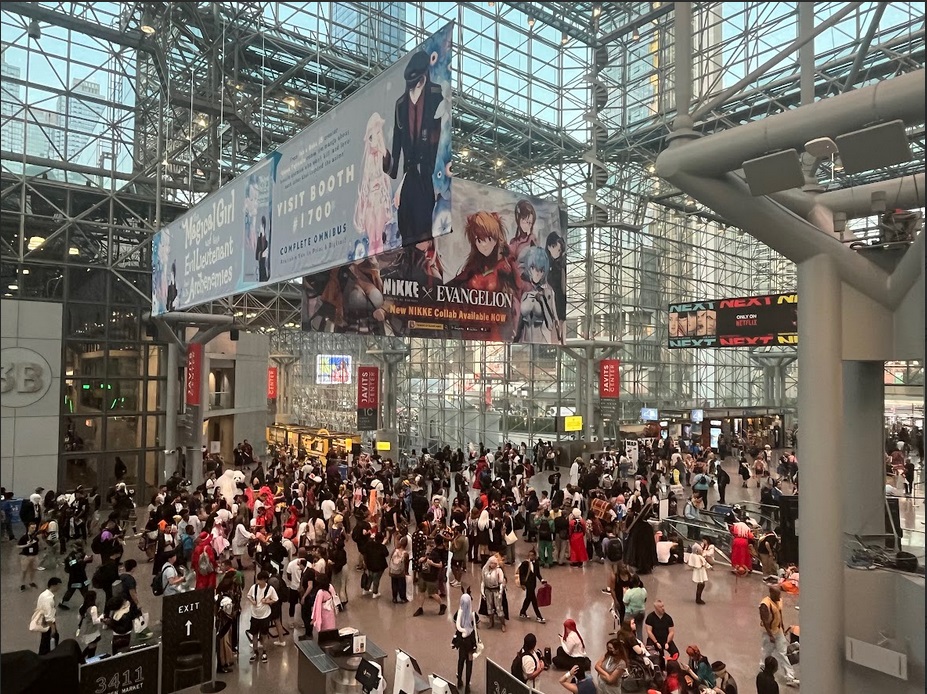 AnimeNYC 2024, Javits Center full of anime and manga themed banners and people in costume. Photo by Matias Mintz, 2024.