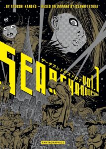 Looming over a crowded and grim cityscape, with scenes of war and loss, are a motley young person and a wide-eyed girl in fur, rendered in dark tones of gray, black and brown, with the book title in bright yellow 3-D block letters. 