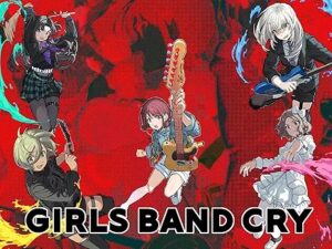 Pictured: On a blood red background, four girls spin in magical-girl power moves, color streaming from their instruments.