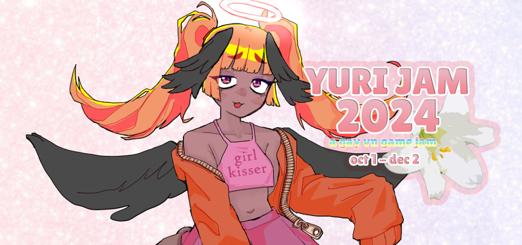 Logo for the itch.io Yuri Game Jam 2024, featuring a brown-skinned angel with orange pony tails, black wings on her back and off the front of her head, wearing a pink crop top that reads "girl kisser" and an unzipped orange jacket.