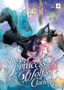 A wolf-woman in a butler's suit tucks a sheep girl in a fluffy bed surrounded by pastel colors and stars hanging from the canopy.