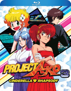 A red-haired girl in a red dress and a blue-haired girl in hakama and gi glower at each other over their shoulders. Behind and above a gaping blonde with a flower in her hair and a boy in black.