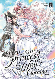 The cover of 'Sheep Princess in Wolf's Clothing' volume 5. Aki is holding Momo, they are both in wedding dresses. 