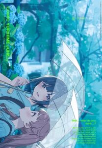 Two girls walk through a rainy early summer day under clear plastic umbrellas, talking and smiling.