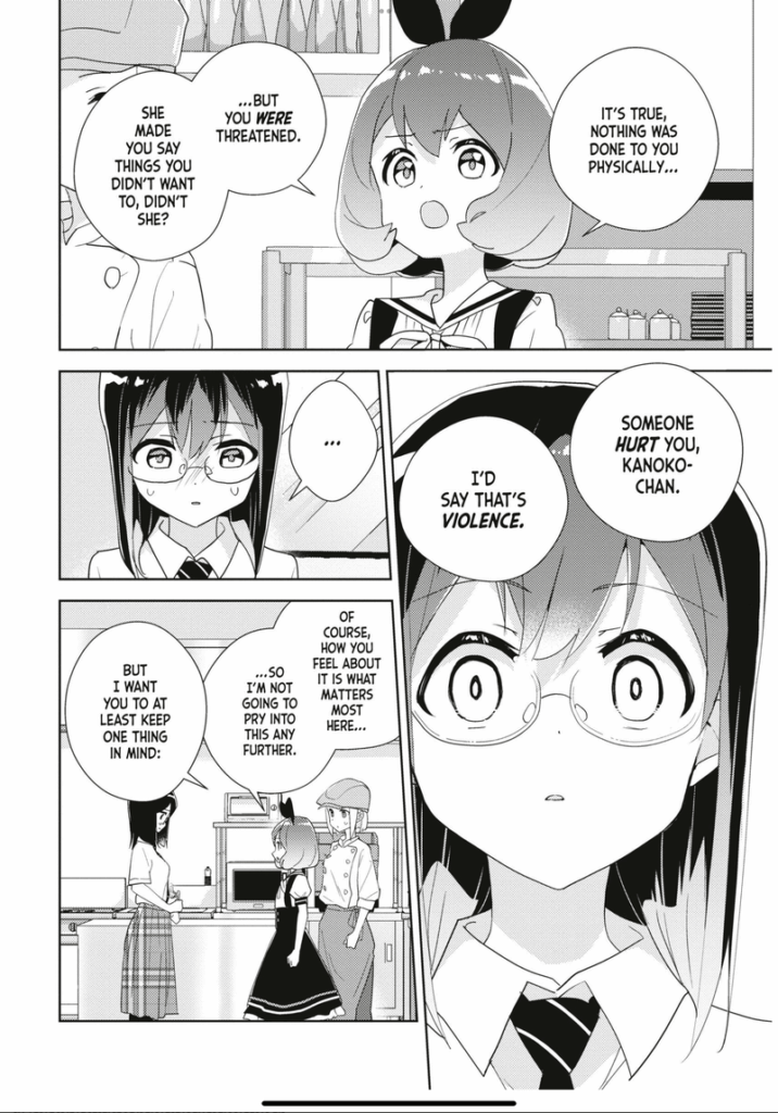 5 panels of Yuri is My Jon, Volume 13 in which Mai explains to Kanako that even though she was not hurt physically, she was traumatized. 

"Someone *hurt* you, Kanako-chan, I'd say that's violence."