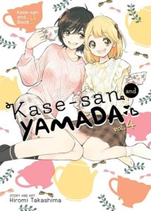 Two girls snuggle on the cover, surrounded by colorful silhouettes of tea cups and tea posts. One has medium length blonde hair, wears a brown plaid skirt and cream blouse. The other a pink shirt and grey shorts. They hold matching teacups.