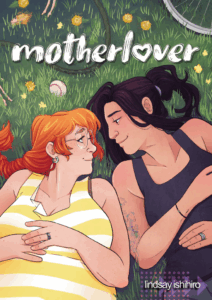 Two women lie in the grass looking deeply into each other's eyes. One is a heavy-set white woman, with bright orange hair tied in a braid wearing glasses and a yellow-and-white striped tank top. The other woman is Asian with black hair, tied back in a high pony tail, wears a dark gray tank top, and has tattoos on her right arm.