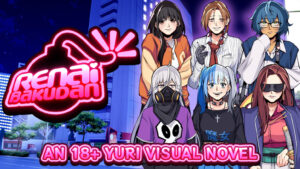 Title card for Renai Bakudan, with a pink neon outline title over a bomb shape, and 6 different characters looking at us. 