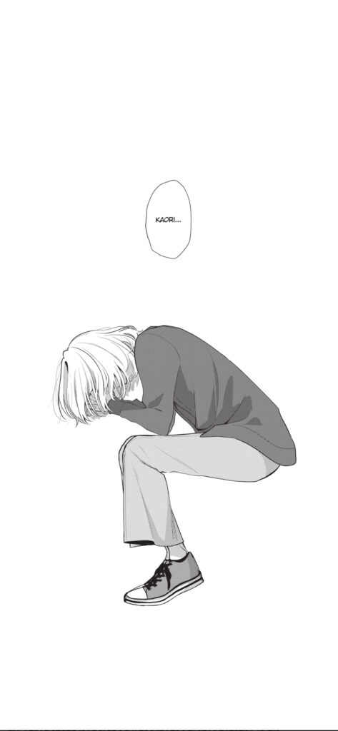 A whole page panel from volume 6. Shizuku is say on a chair playing get face in her hands, viewed from the side. There is no background apart from a speech bubble with the text 'Kaori...'