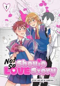 Two girls smile at one another, one holding a shoujo manga, in full color, flower petals around them. Behind them is a black and white figure of a boy. 