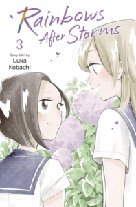 A tall girl with long blonde hair and a short girl with short dark hair that frames her face smile at one another. They wear matching white sailor-style school uniform blouse with blue collar.