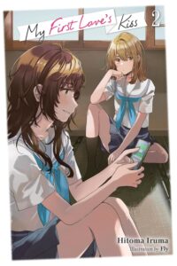Two girls in summer Japanese school uniform, white blouses with robin's egg blue ties, blue skirts, sit on a floor under windows. In the foreground the girl with medium-length brown hair smiles as she looks at her phone, the blonde watches her with a dissatisfied expression