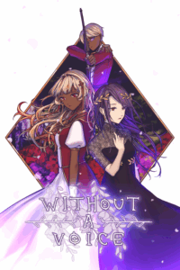 On a diamond shaped background with a tree, blooming with dark red flowers, two young women stand back to back, one a pale skinned dark-haired girl in black, her hand to her chest, the other a dark skinned blonde in red and white. Behind and above them is a brow skinned person with short pale hair with a drawn bow, pointing directly at us.