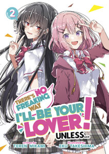 Two girls stand back to back, saluting the viewer with V signs. One girl has very long black hair, the other has collar-length pink hair. They both smile at us.