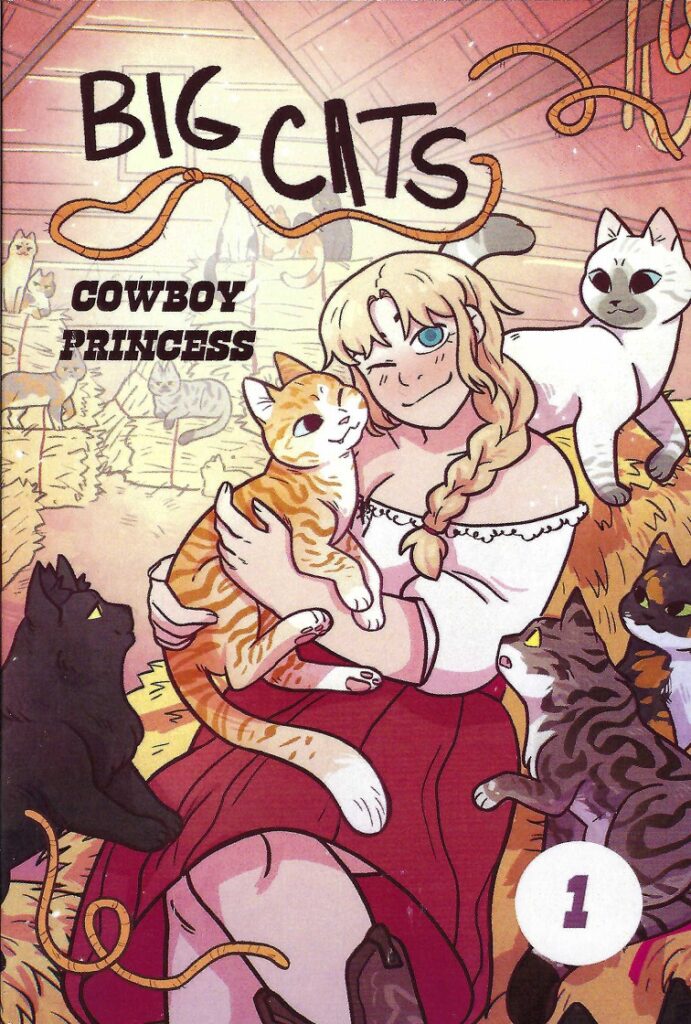 Cover of Big Cats, a blonde woman with braids, winks at us, wearing an off-shoulders blouse and red skirt, with cats all around her in a wooden barn.