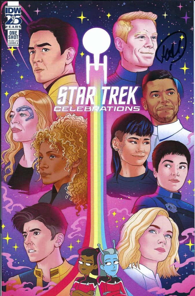 Cover of Star Trek Celebrations, with a starry backgrouns, and headshots of the queer Star Trek characters as of 2025, including Stamets, Culber, Sulu, Gray, Adira, Chapel, 7 of 9, Mariner, Jennifer, Raffi and Jet.
