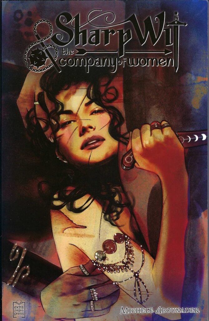 A dark background, a woman with dark hair naked, with darker hand on her, lays against something, holding a mother of pearl inlaid handle of a knife.