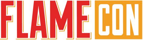 Flamecon logo in block letters. "Flame" in red letters outlined in whiten then gold, "Con" represented as white letters in a gold box.