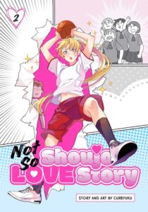 A girl with long blonde hair tied in a ponytail, wearing school gym short and t-shirt breaks the wall of a manga page, holding a basketball overhead, while a redhead with short hair watches from behind the page tear, and 4 girls in black and white watch from a page panel above.