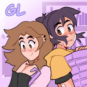 Two girls stand back to back in a library. One with multiple bandages, holds a stack of books, looking back at the other who smiles gently as she clutches a book to her chest.