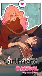 A dark-haired woman lays sleeping in the lap of a woman with long, orange-pink hair, who holds a book as she looks down at the woman in her lap.