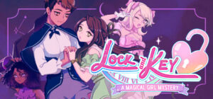 Title card for Lock & Key. A caped woman with short hair holds hands with a girl in a green dress, surrounded by other characters from the game.