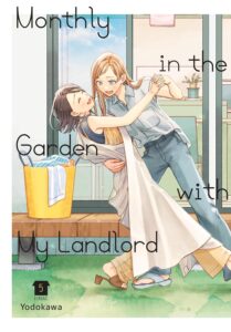Two women stand in the yard of a Japanese home, laundry in a basket behind them on the veranda, as they dance. A woman with short dark hair, draped in a sheet as a dress, laughs as she is dipped by a taller woman with long blonde hair, wearing denim jeans and jacket.
