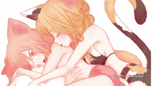 Two catgirls cuddle intimately. Art by Morinaga Milk.
