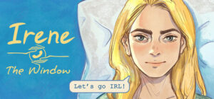 Title card for Irene, The Window, Next to a blue wall,  blonde woman looks at us as she lays on a pillow.
