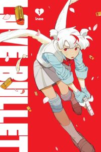 On a vivid blood-red background, a girl in pale blue and white, with white hair wings, and red eyes, runs holding a pistol, while shell casings and white petals scatter around her. White block letters down the left side read, "Love Bullet". A small heart near the top left has a red '1' and artist inee's name in white below.