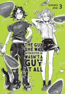 On a vivid green background, drawn in black and white, guitar picks flying around as in a high wind, two girls look at us. One, in t-shirt and jeans, holds a guitar, the other in blouse and skirt, their hair and clothes flying wildly.