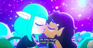 Screencap from Lesbian Space Pirate, with humanoid and alien girls kissing under the light of an alien star in a purple sky. The alien girl has white skin, and aquamarine hair, the human girl has medium-brown skin and dark long hair. 