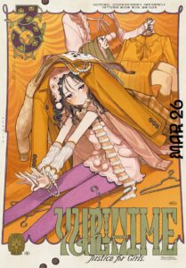 In an orange palette, a young woman sits with multiple outfits thrown on her head by an older woman whose face we cannot see, as she holds out yet another outfit for approval.  Art by Chiriko.