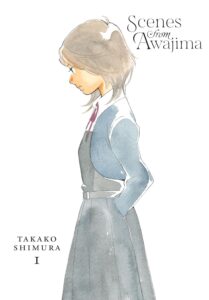 A young woman with collar-length brown hair wearing a blue-grey smock dress style old-fashioned Japanese school uniform, stares down at the ground pensively, hands in her dress pockets.