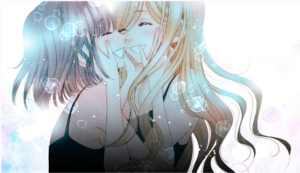 Two girls wearing little black dresses touch each other's faces while smiling brightly at each other. Art by Miyuki Yorita.