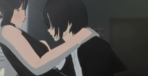 In a noir palette of dark, muted colors, a woman wearing a dark suit with a blunt collar cut dark hair leans in towards the chest of a dark-haired woman in a sleeveless dark blouse.