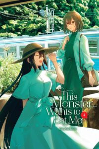  A smiling girl with very long black hair, wearing a wide-brimmed straw hat and light green summer dress is watched by a serious girl with medium-length hair wearing a dark green dress and lighter green blouse, as they walk down from a train platform.