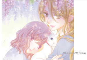 Two women embrace with a white cat between them, in a palette of pastels pink, lavender and gold. Art by Morinaga Milk.