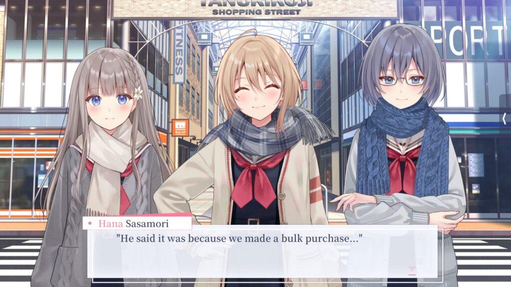 A screenshot of the game Black Lily's Tale with the three central characters Hana Sasamori, Itsuki Oomiya & Aoi Nishiki in contemporary coats over their school uniforms. Hana's line is "He said it was because we made a bulk purchase..." 
