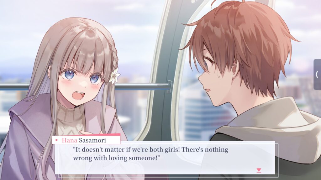 A screenshot of the game Black Lily's Tale with Hana Sasamori, who had long pale hair, with a flower on the brain on the left side of her face, confronting Natsu Kakizaki, who has short, boyish cut red hair. Hana is saying: "It doesn't matter if we're both girls! There's nothing wrong with loving someone!"