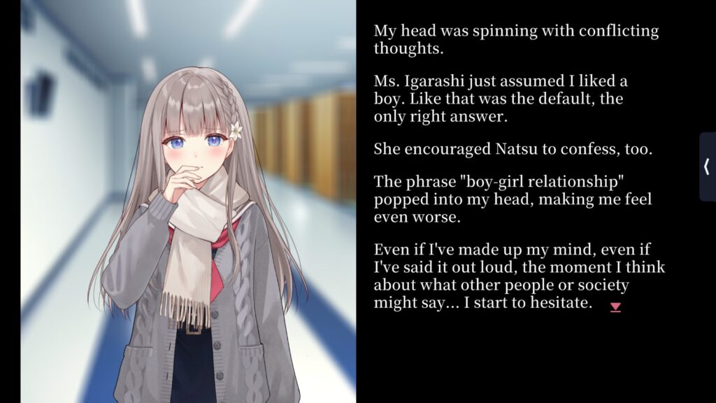 A screen shot of Black Lily's Tale with several paragraphs describing Hana Sasamori having to deal with compulsory heterosexuality at her school. Hana wears a grey knit cable sweater jacket over her school uniform and has long, pale hair with a flower on a braid on the left side of her face.