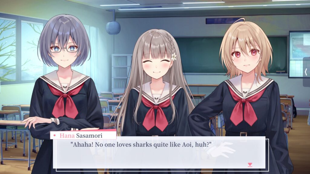 A screenshot of the game Black Lily's Tale with the three central characters Hana Sasamori, Itsuki Oomiya & Aoi Nishiki in dark blue Japanese sailor-syle school unforms with a red tie.. Hana's line is: "Ahaha! No one loves sharks quite like Aoi, huh?"