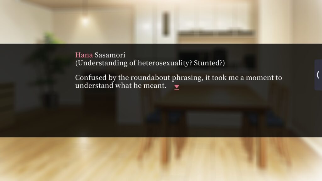A screenshot of the game Black Lily's Tale with Hana Sasamori coming to realise that her feelings have been pathologised. Hana is thinking: Understanding of heterosexuality? Stunted?
