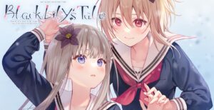 The title screen of Black Lily's Tale. Two girls in the same blue Japanese sailor-style uniform, with red ties, A girl with collar-length blonde hair is behind a girl with pale long hair. They hold hands over the pale-haired girl's head and to the side.