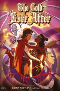 On a colorful sigil-like background that hints of monsters both human and creature, two women, a knight and her queen embrace looking intently at one another.